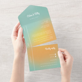モダンレトログラディエントMint Orange RSVP結婚's オールインワン招待状