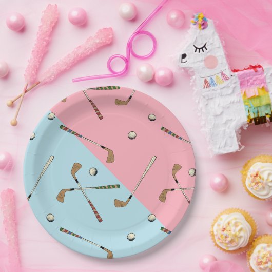 モダンレトロゴルフゴルファーのピンクブルーパターン ペーパープレート (パーティー)