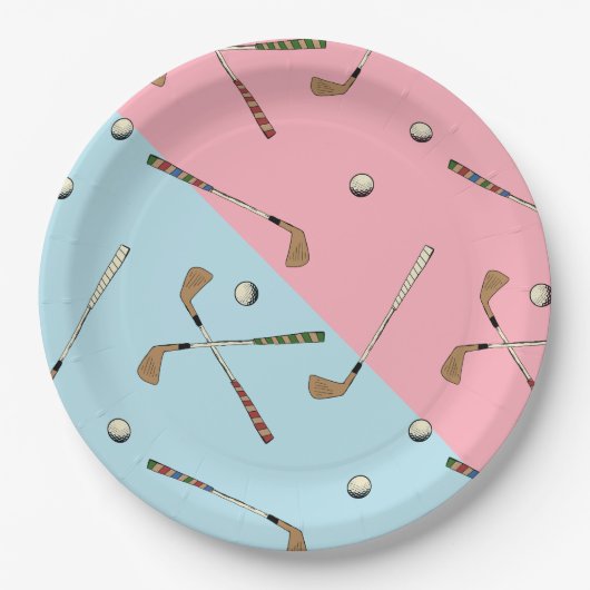 モダンレトロゴルフゴルファーのピンクブルーパターン ペーパープレート (正面)