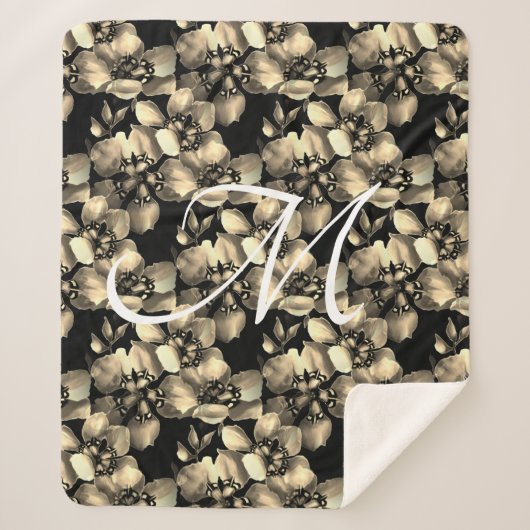 モダンレトロビクトリアン花柄モノグラム シェルパブランケット (正面)