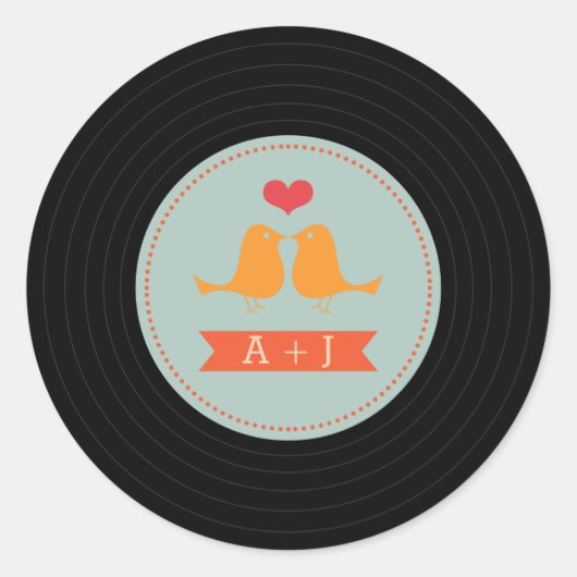 モダンレトロビニールレコードラブバーズスカイブルー ラウンドシール (正面)