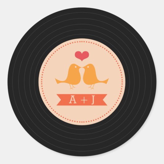 モダンレトロビニールレコードラブバード赤面 ラウンドシール (正面)