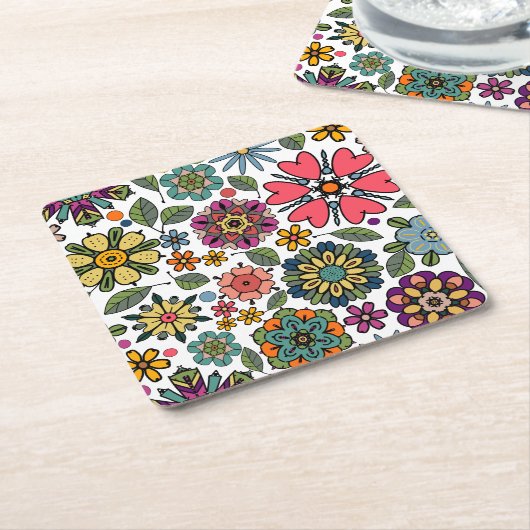 モダンレトロフローラスケッチシームレスパターンアート スクエアペーパーコースター (アングル)