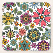 モダンレトロフローラスケッチシームレスパターンアート スクエアペーパーコースター (正面)