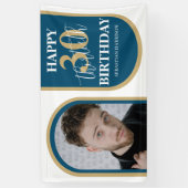 モダンレトロブルーと金ゴールドフォト誕生日 横断幕 (縦)