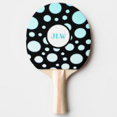 モダンレトロブルーポルカドットオンブラック 卓球ラケット (正面)