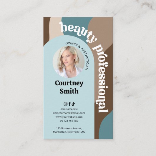 モダンレトロブルー&ベージュメイクアップスパ美しいサロン 名刺 (正面)