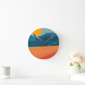 モダンレトロマウンテンランドスケープ鮮やか – 赤と ラウンド壁時計 (ホーム)