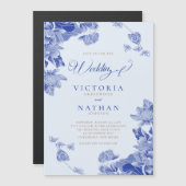 モダンレトロライトブルーチノワセリーフローラ結婚ズ マグネット招待状 (正面/裏面)