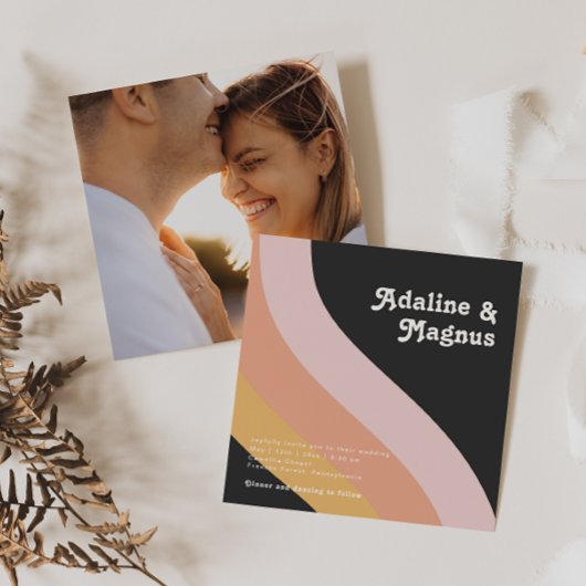 モダンレトロレインボーダークスクエア結婚フォト 招待状