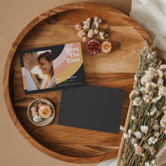 モダンレトロレインボーダーク水平保存日付 マグネット招待状