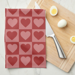 モダンレトロレッドとピンクのミニマルハートパターン キッチンタオル