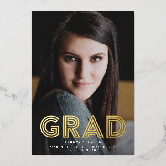 モダンレトロ型フルブリード写真実在卒業 箔招待状 (正面)