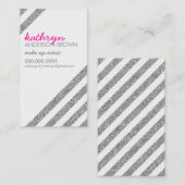 モダンレトロ斜ストライプのグリッター銀色 名刺 (正面/裏面)