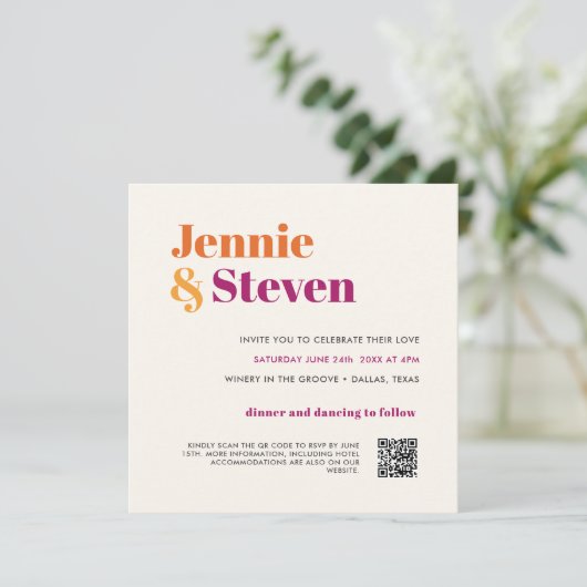 モダンレトロ紫オレンジ色QRコードすべて1つ 招待状 (スタンド正面)