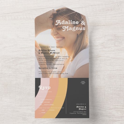 モダンレトロ70のレインボーダークフォトシールと送信 オールインワン招待状 (内側)