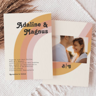 モダンレトロ70のレインボー・モノグラム・フォトズ結婚ーズ 招待状