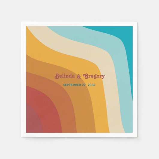 モダンレトロ70カラフルsレインボー結婚ウェーブ スタンダードカクテルナプキン (正面)