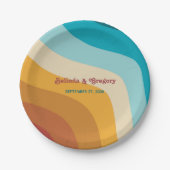 モダンレトロ70カラフルsレインボー結婚ウェーブ ペーパープレート (正面)