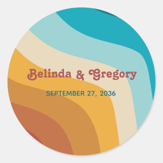 モダンレトロ70カラフルsレインボー結婚ウェーブ ラウンドシール (正面)