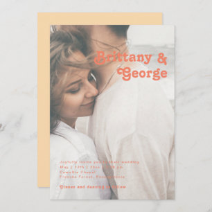 モダンレトロ  オレンジカジュアル色あせた写結婚真 招待状