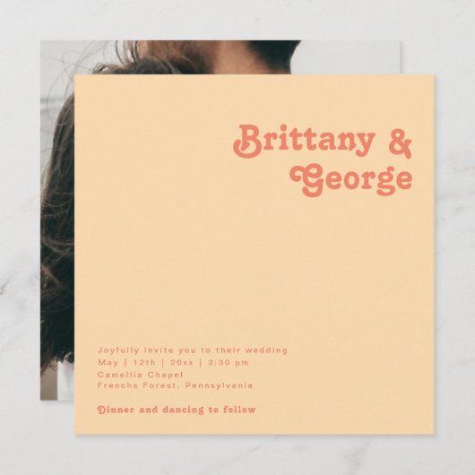 モダンレトロ |オレンジクリームスクエアフォト結婚ズ 招待状 (正面/裏面)