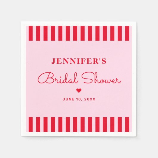 モダンレトロ ピンク＆レッド ストライプ  ブライダルシャワー スタンダードカクテルナプキン (正面)
