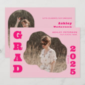 モダンレトロ ブロブ ピンク タイポグラフィー フォト 卒業 招待状 (正面/裏面)
