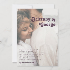 モダンレトロ |濃い紫の色あせた結婚写真 招待状