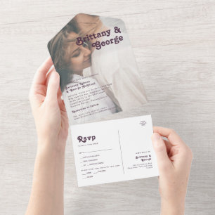 モダンレトロ  紫色の色あせたフォトシールと送信 オールインワン招待状