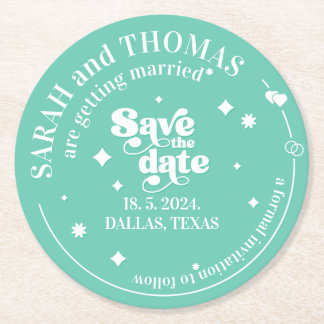 モダンレトロgroovy green 70s結婚がデータを保存 ラウンドペーパーコースター