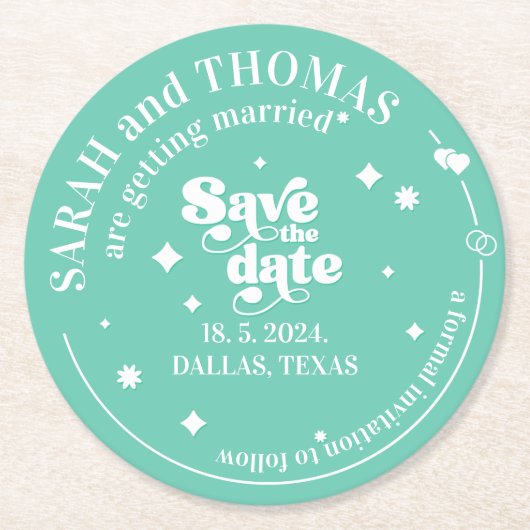 モダンレトロgroovy green 70s結婚がデータを保存 ラウンドペーパーコースター (正面)