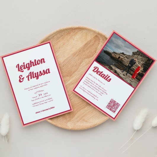 モダンレトロVivaマゼンタQRコードフォト結婚ズ 招待状