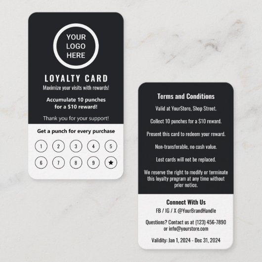 モダンロエレガントミニマルゴの白黒のお客様 ロイヤリティカード (正面/裏面)