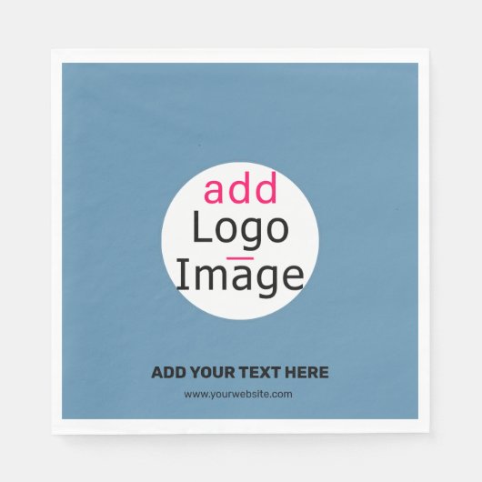 モダンロゴの追加プロモカスタマイズ可能なダスティブルー スタンダードランチョンナプキン (正面)