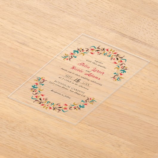 モダンロマンティックエレガントフラワーリースウェディング アクリル招待状 (レイダウン)