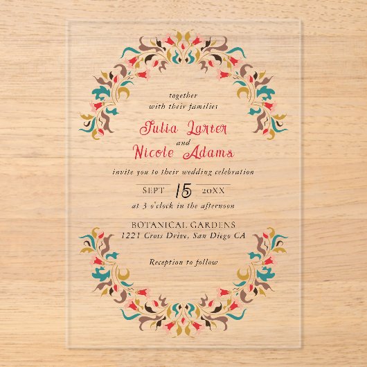 モダンロマンティックエレガントフラワーリースウェディング アクリル招待状 (正面)