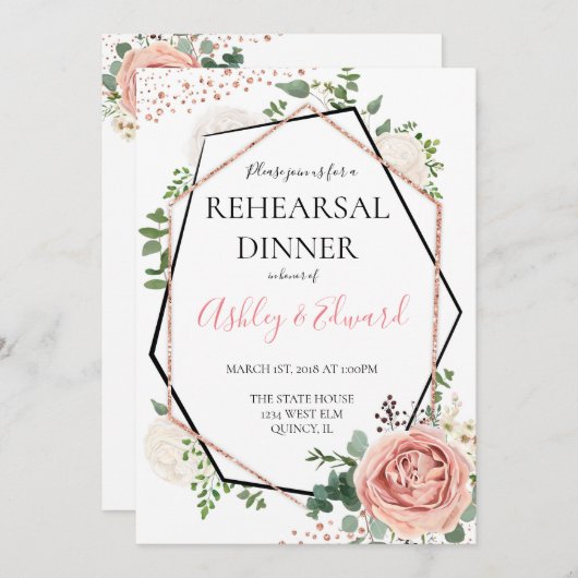 モダンローズ金ゴールド幾何リハーサルディナー招待状 招待状 (正面/裏面)