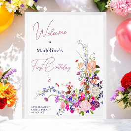 モダンワイルドフラワースクリプト1st birthday welcome ポスター