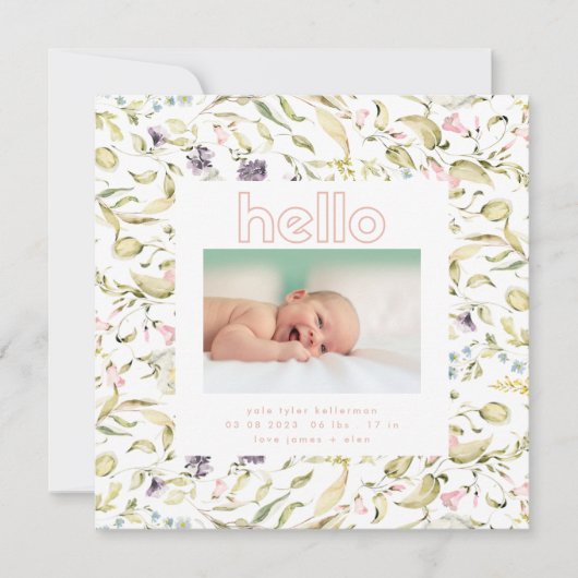 モダンワイルドフラワーピンクの女の子helloベビー誕生 案内状 (正面)