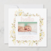 モダンワイルドフラワーピンクの女の子helloベビー誕生 案内状 (正面)