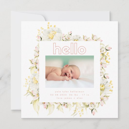 モダンワイルドフラワーピンクの女の子helloベビー誕生 案内状 (正面)