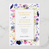 モダンワイルドフラワー水彩青金ゴールド結婚ズ 箔招待状 (正面)