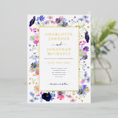 モダンワイルドフラワー水彩青金ゴールド結婚ズ 箔招待状 (立ち正面)