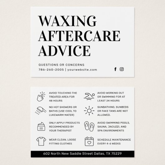 モダンワックシンプルシング・アフターケア・カードの脱毛 (正面&裏面)
