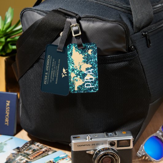 モダンワールドトラベラーマップグリッターモノグラムの名 ラゲッジタグ (正面&裏面)