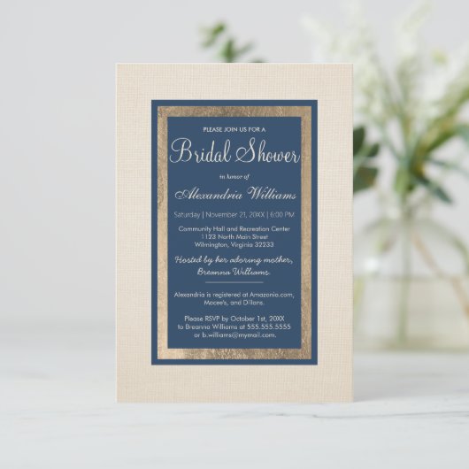 モダンヴィンテージアイボリーネイビーエレガントブライダルシャワー 招待状 (スタンド正面)