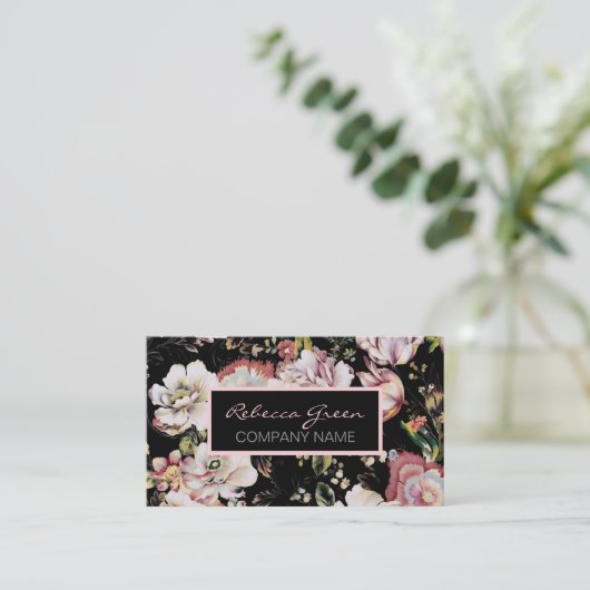 モダンヴィンテージエレガントボヘミア黒フローラ 名刺 (スタンド正面)