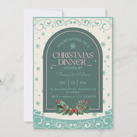 モダンヴィンテージクラシック冬クリスマスディナー 招待状 (正面)
