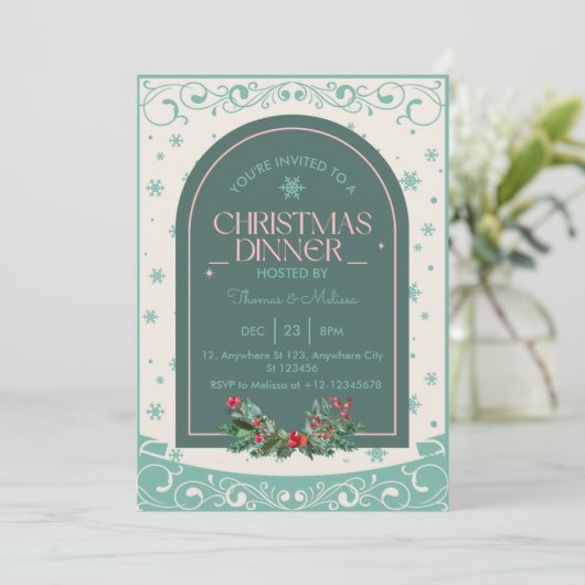 モダンヴィンテージクラシック冬クリスマスディナー 招待状 (スタンド正面)